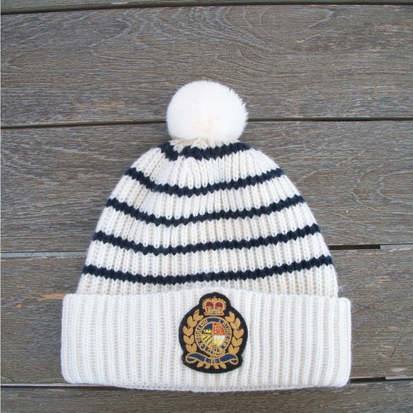 Ralph Lauren Blue Label White and Black Knit Hat with Pom-Pom - Picture 1 of 4
